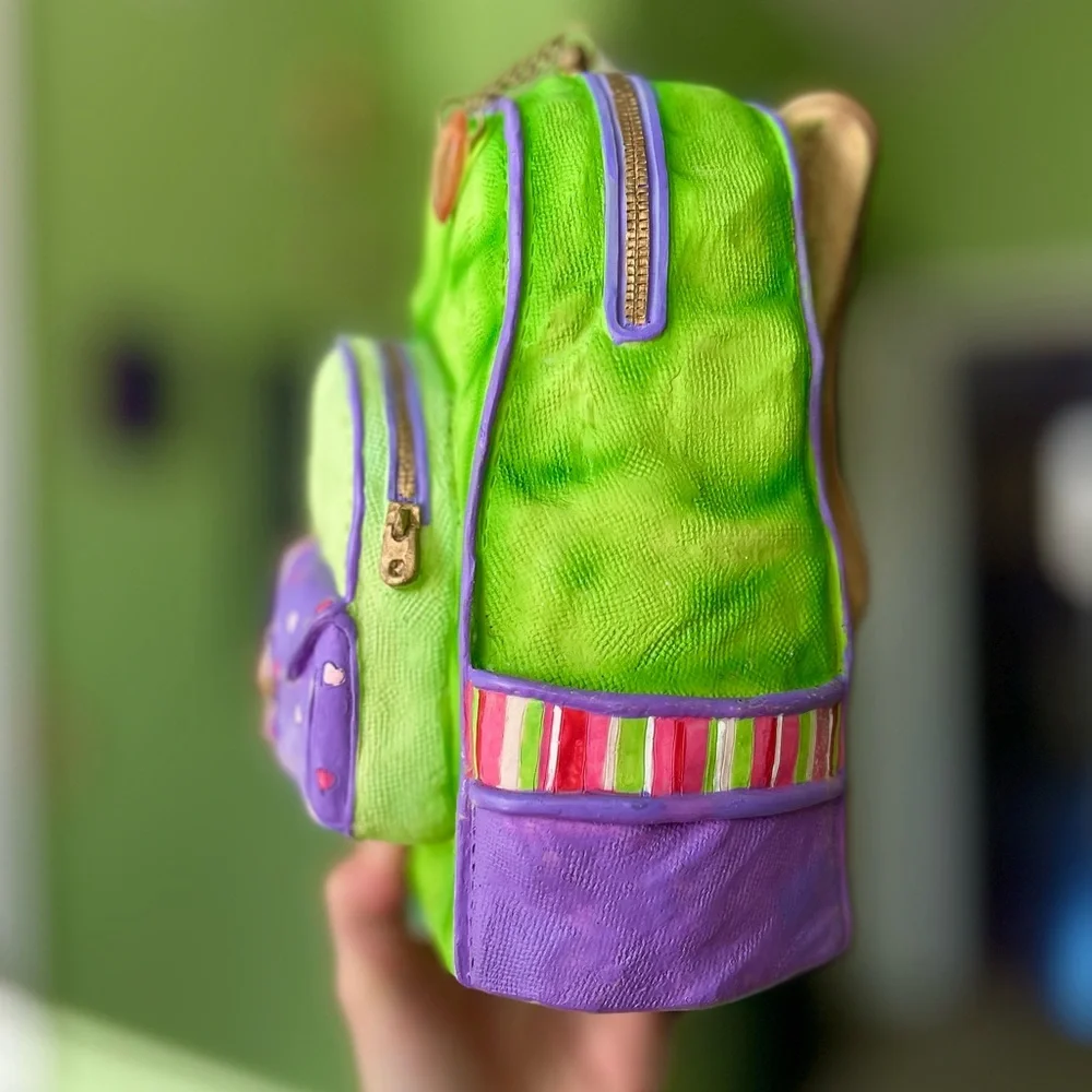 VTG Vibrant Green & Purple Rustic 3D Textured Backpack Bag Piggy Bank Accent